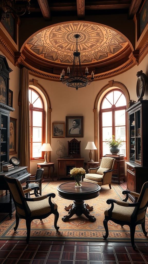 A cozy home office featuring historic Spanish architectural elements, including a decorative ceiling, wooden furniture, and large windows.
