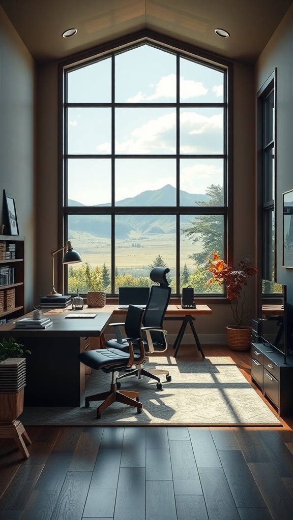 A stylish home office with large windows showcasing a mountain view, featuring a modern desk and ergonomic chairs.
