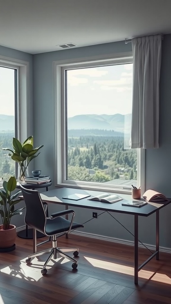 A modern home office with large windows offering a view of mountains and greenery, featuring a sleek desk, an office chair, and plants.