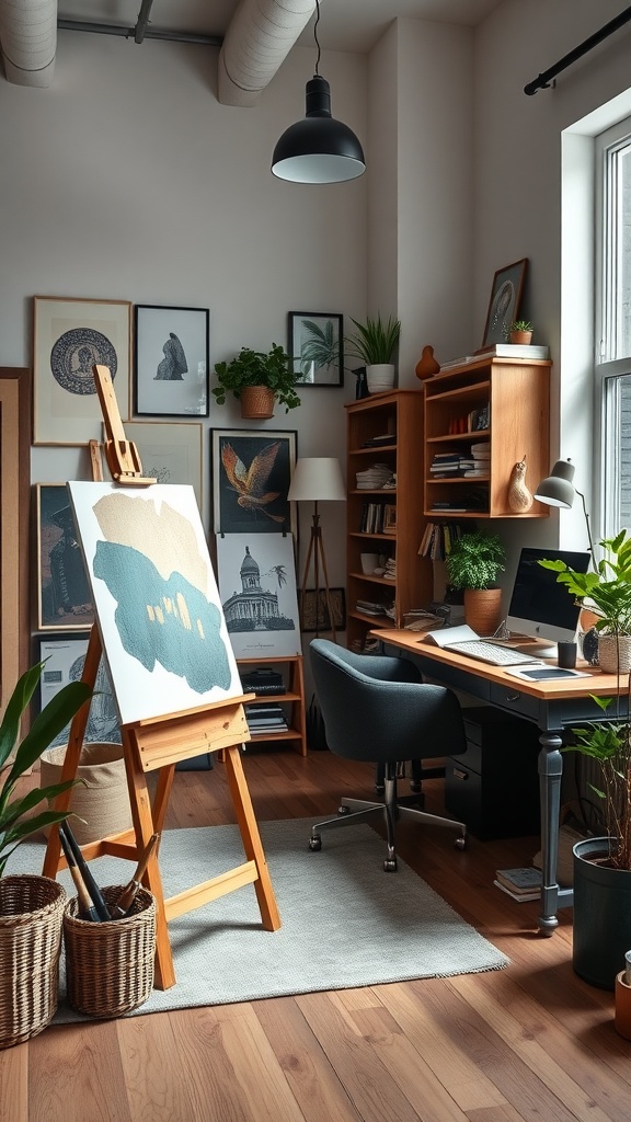 A cozy home office with an art studio vibe featuring an easel, wooden desk, and decorative artwork.