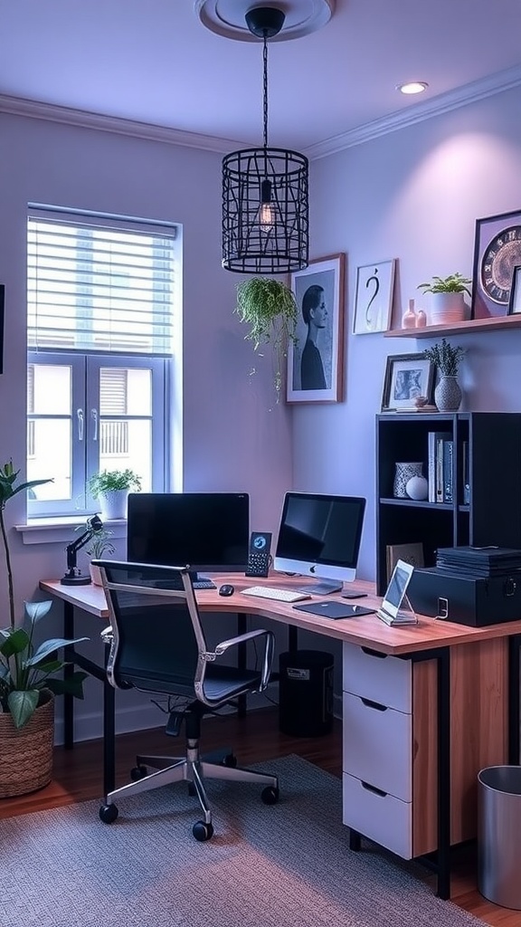 A cozy home office filled with cultural artifacts, featuring a desk with books and a laptop, vibrant artwork on the walls, and warm lighting.