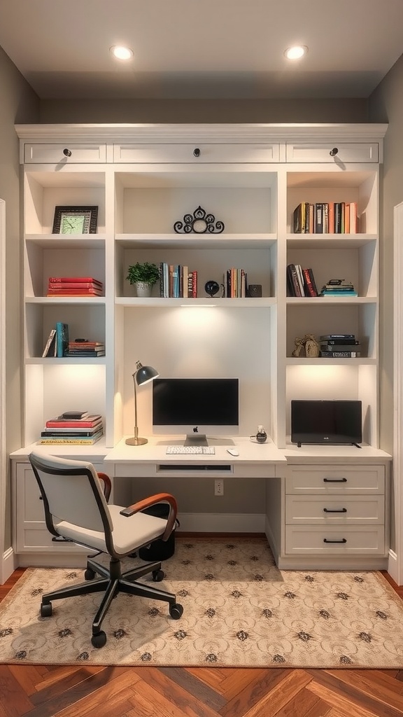 A modern home office featuring custom built-ins, a desk, and two chairs.