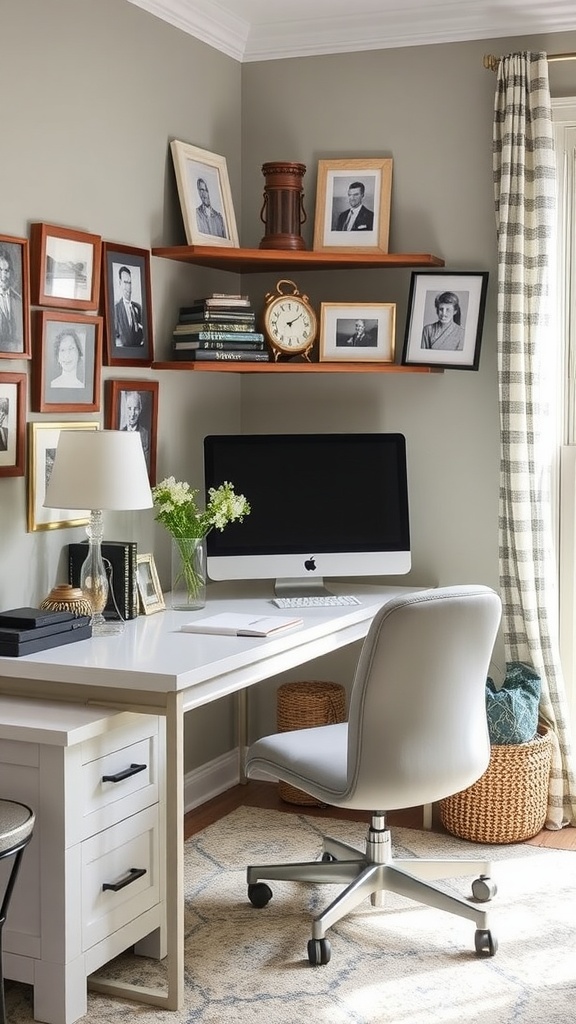 A cozy home office featuring a wooden desk, two monitors, framed photos on the walls, and a small plant.