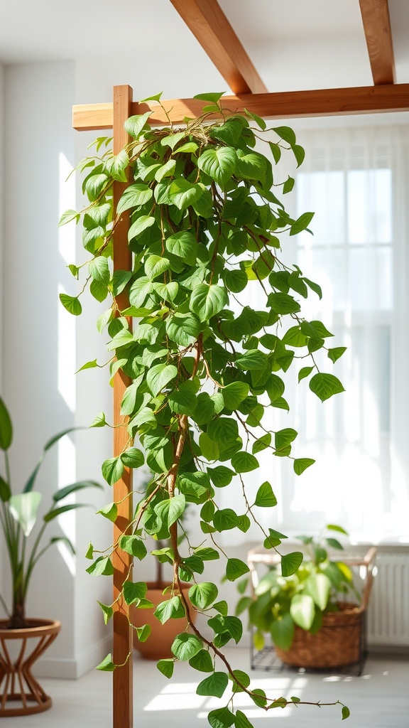A Hoya plant with trailing vines in a bright indoor space, enhancing home decor.