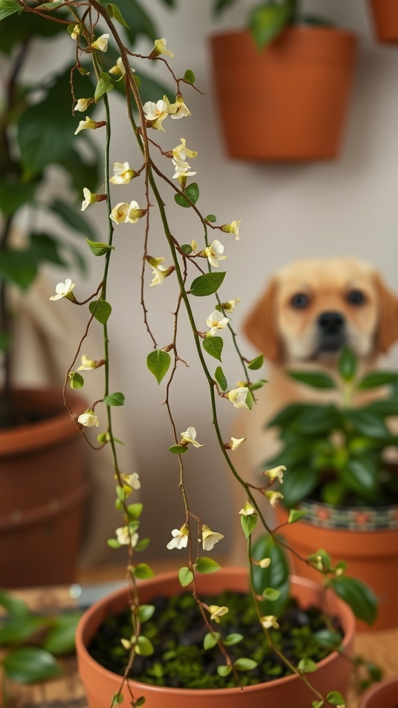 A Hoya plant with sweet-scented blooms in focus, with a dog appearing softly in the background.