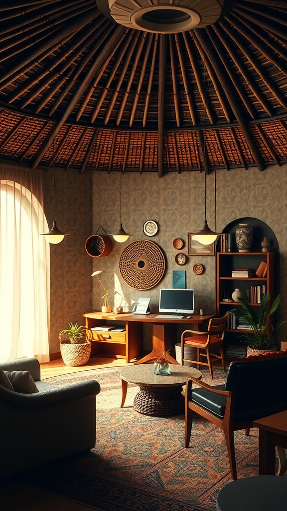 A cozy home office inspired by Igbo roundhouse architecture, featuring a round ceiling and a warm, inviting decor.