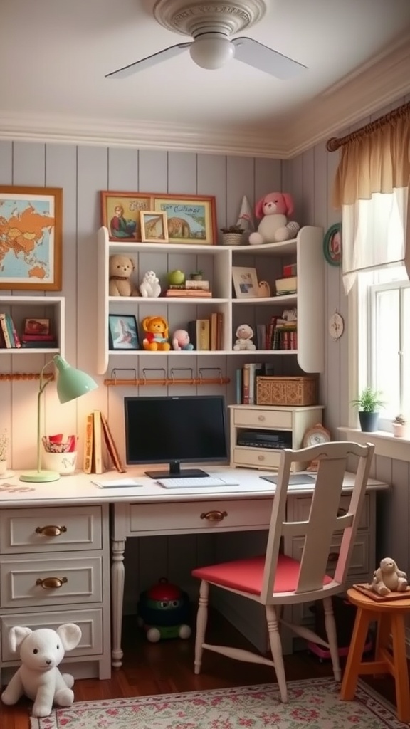 A cozy children's corner in a home office, featuring a desk with cottage-style furniture, shelves filled with toys and books, and a soft rug.