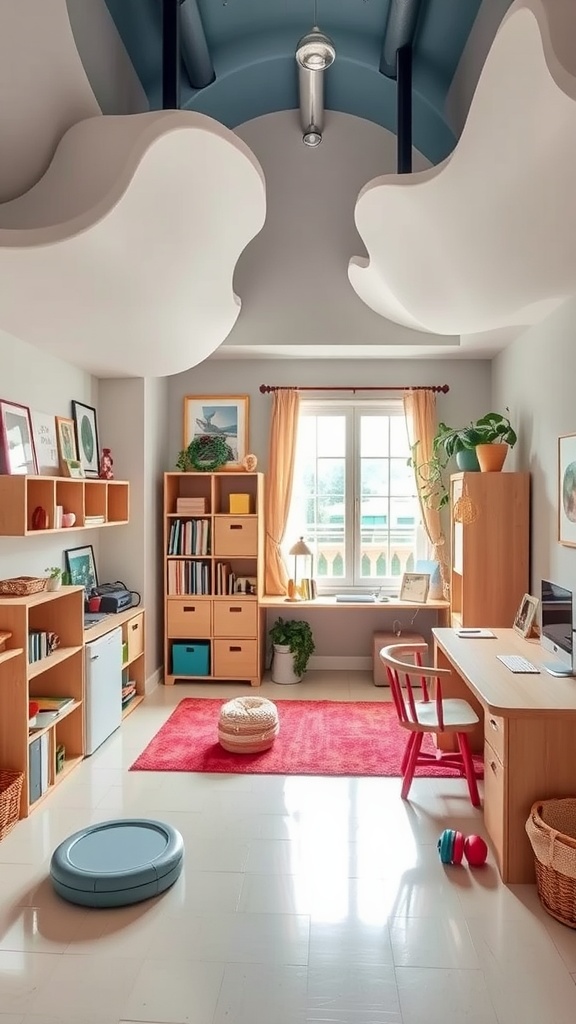 A bright and playful home office workspace with wooden furniture, colorful decor, and cloud-like ceiling features.