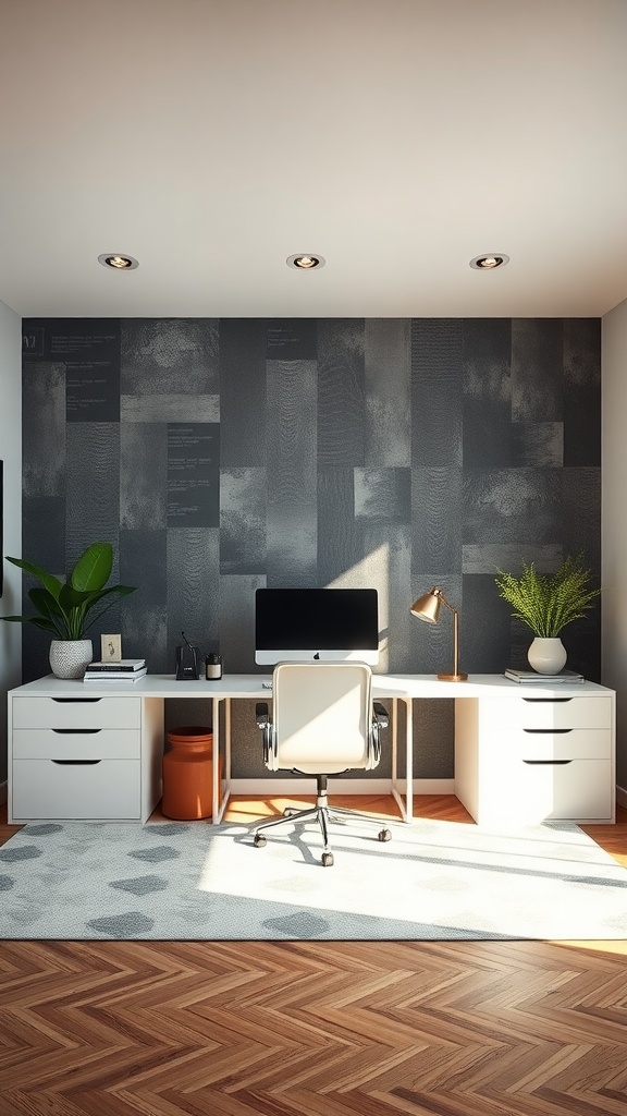 A stylish home office featuring a textured wall, white furniture, and a modern desk setup.