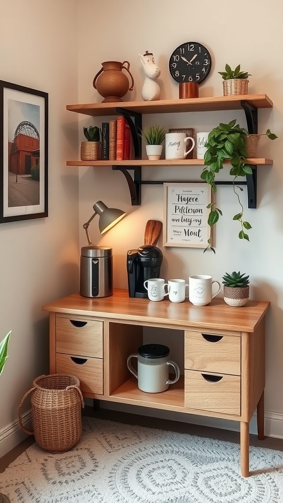 A cozy home office with a coffee station, featuring plants, coffee cups, and a bright, airy design.