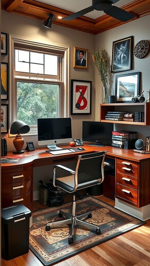 A stylish home office featuring artwork, a desk, and plants.