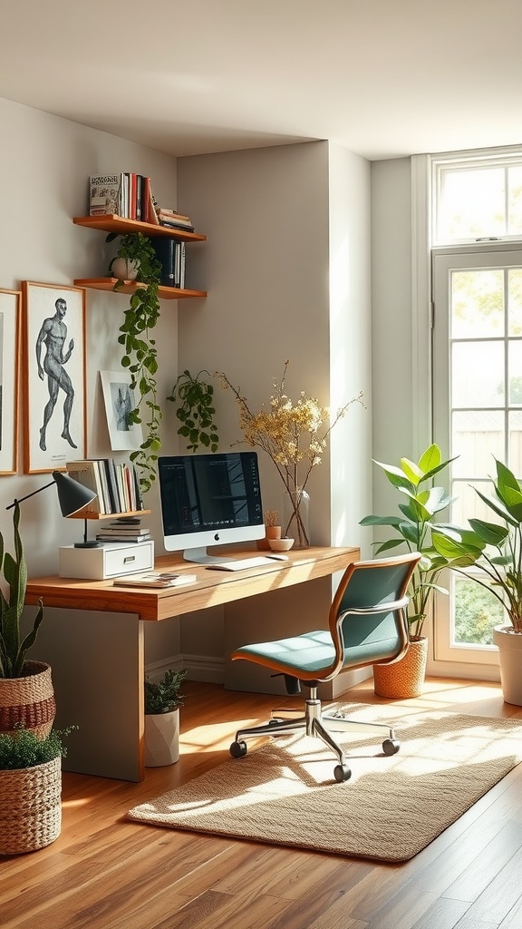A bright home office featuring earthy tones, plants, and a wooden desk, with a cozy and inviting setup.