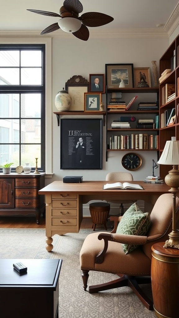 A masculine home office featuring a stylish desk, family heirlooms, and bookshelves with personal items.