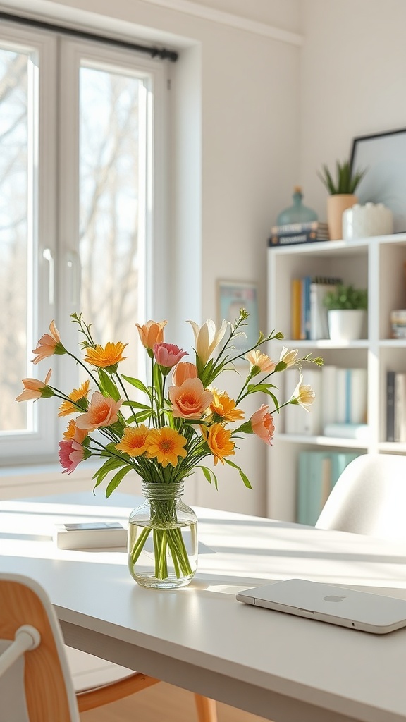 A bright vase of fresh flowers on a desk in a sunny home office setting.