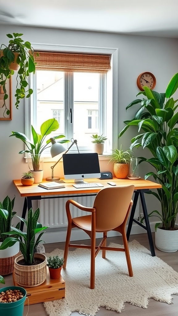 A bright home office filled with various plants, featuring a modern desk and a computer.