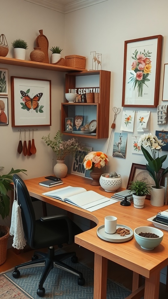 A cozy home office space with handmade crafts and natural decor elements.