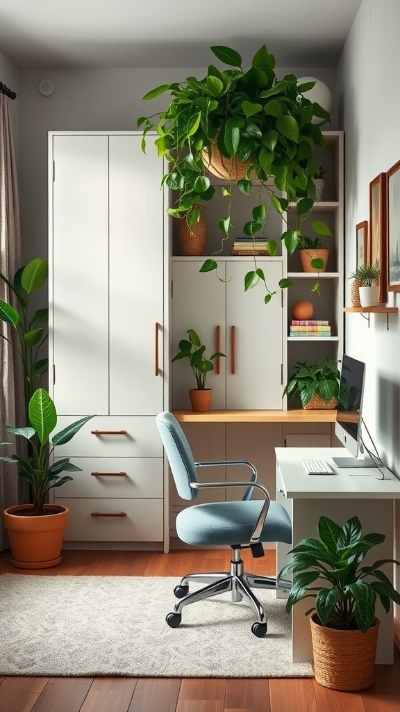 A bright home office with a murphy bed and various indoor plants.