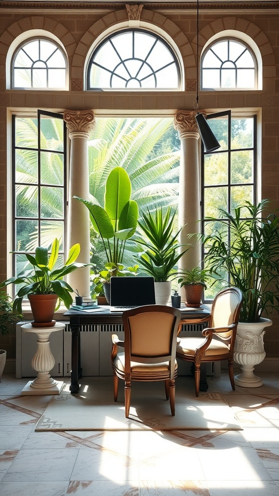A bright home office with large windows, showcasing greenery and a cozy workspace.