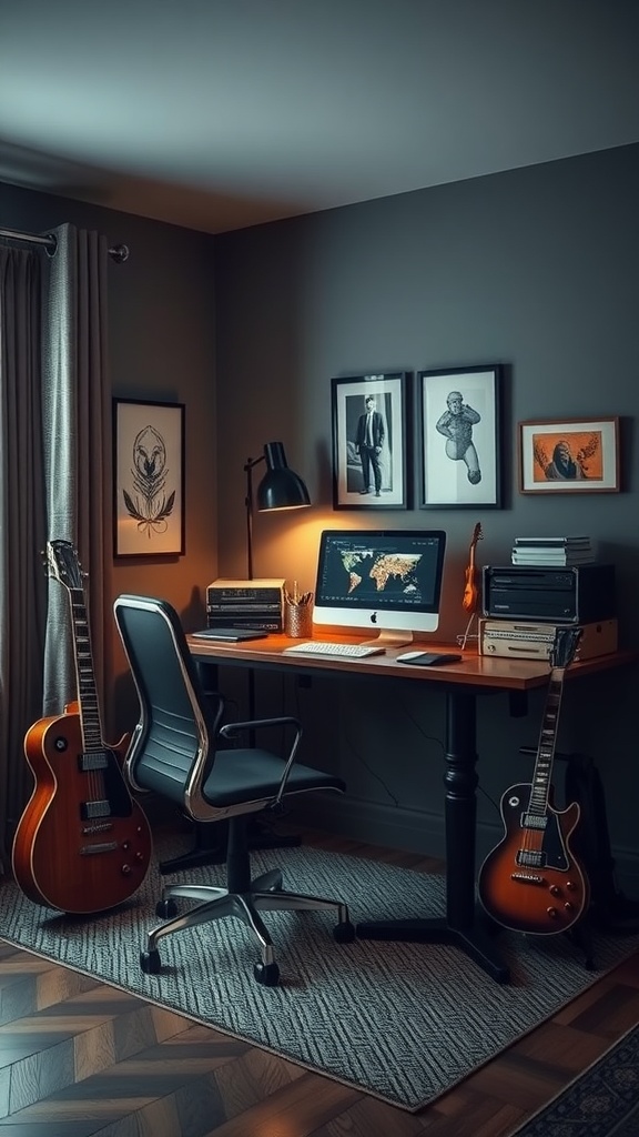 A modern masculine home office featuring a desk, computer, and two guitars.