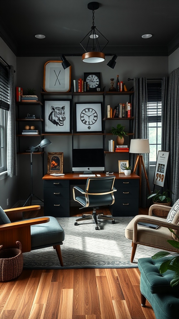 Stylish home office featuring a desk, bookshelves, decorative items, and a cozy atmosphere.