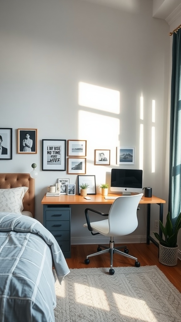 A modern bedroom with a desk setup, warm lighting, and personal decor.
