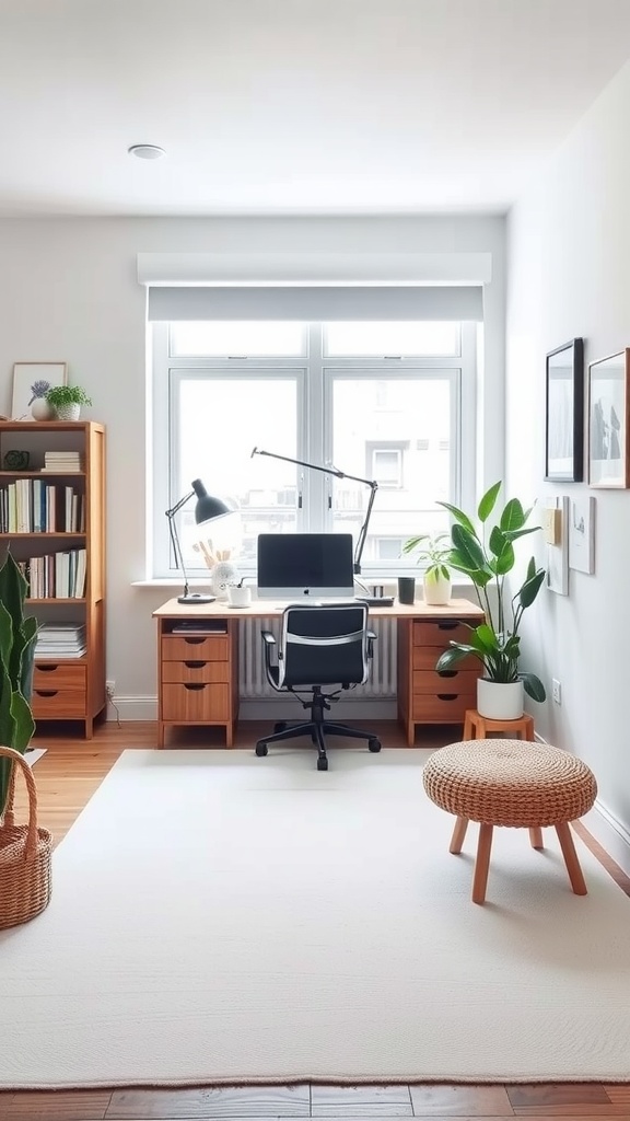 A Scandinavian-style home office with a wooden desk, chair, and houseplants.