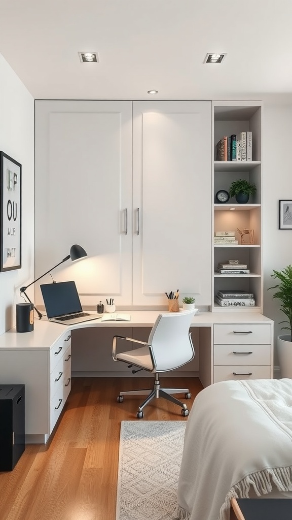 A modern office with a murphy bed, featuring a sleek desk, organized shelves, and stylish decor.
