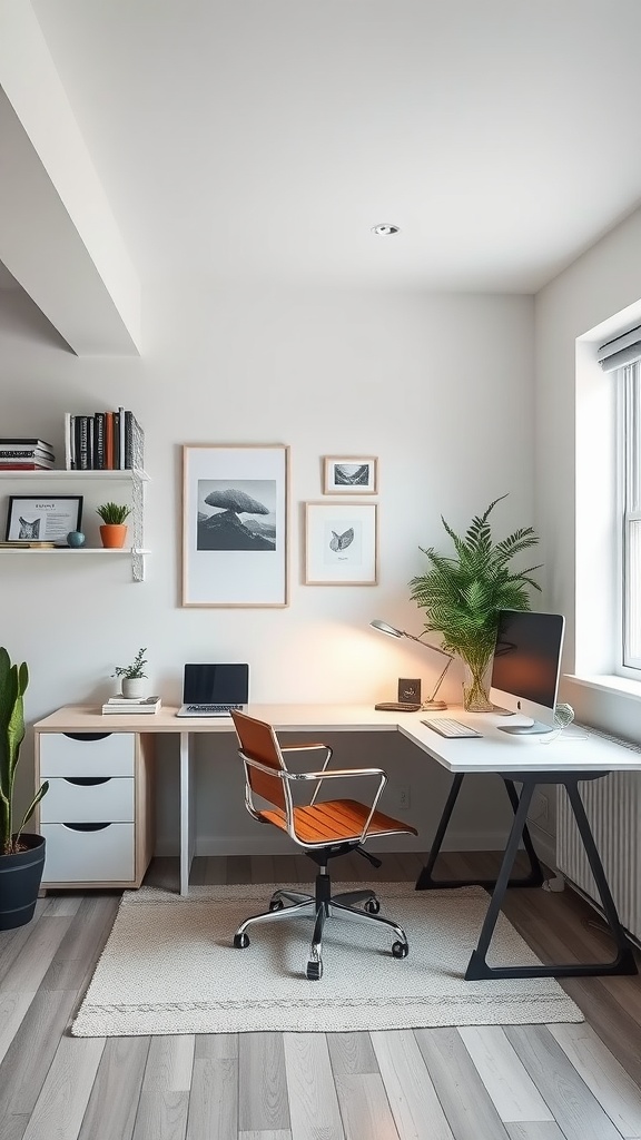 A modern home office with minimalist design, featuring a desk, stylish chair, and tech gadgets.