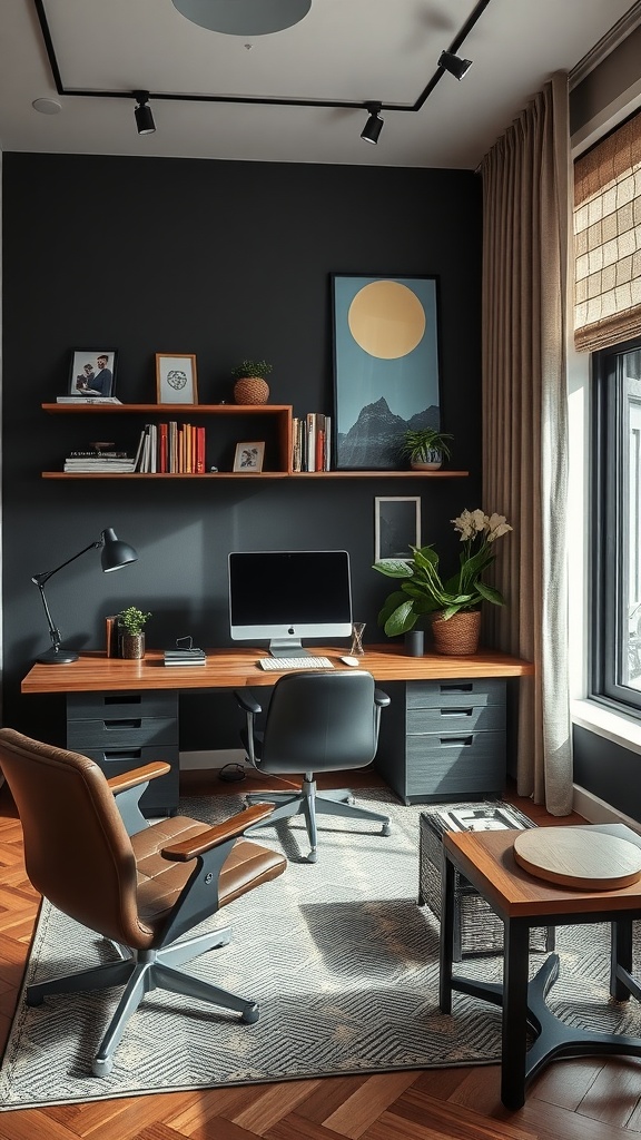 Stylish home office featuring modern technology and warm wooden accents.