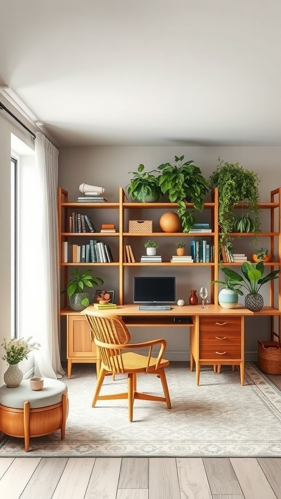 A cozy home office with vintage wooden furniture and greenery, showcasing a soft spring aesthetic.