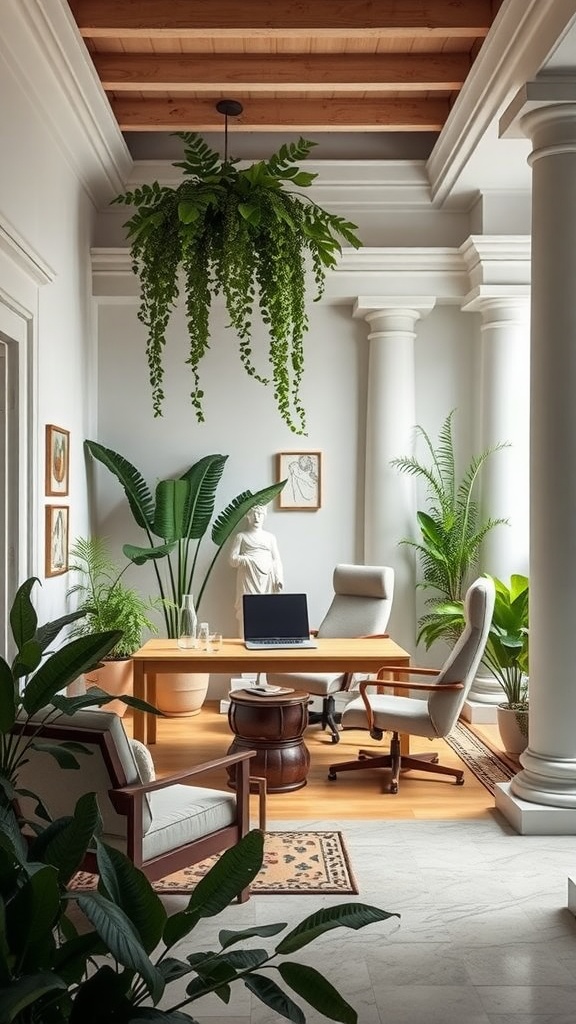 Indoor courtyard with a desk, plants, and Greek architectural elements.