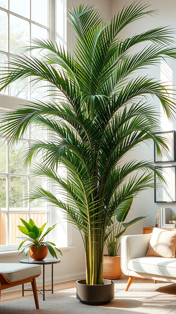 Indoor palm plant in a bright room with large windows
