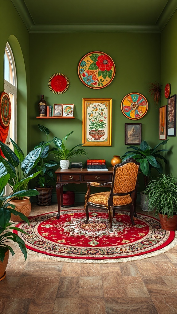 A cozy home office filled with indoor plants, featuring an olive green wall and vintage decor.