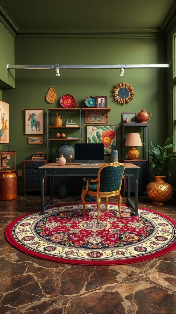A stylish home office featuring olive green walls, a wooden desk, and bohemian decor elements.