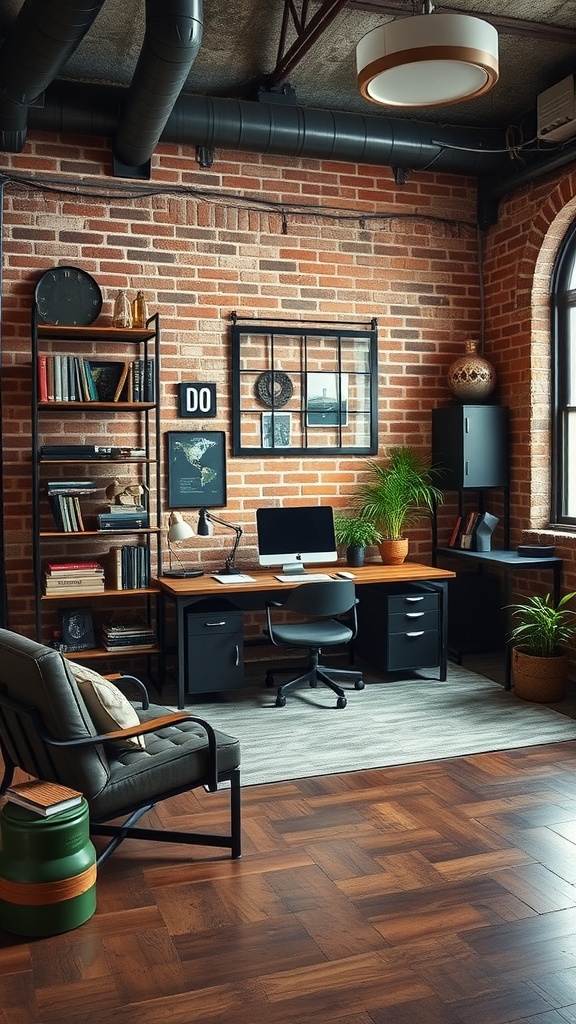 An industrial chic home office featuring exposed brick walls, a wooden desk, metal light fixtures, and a comfortable chair.