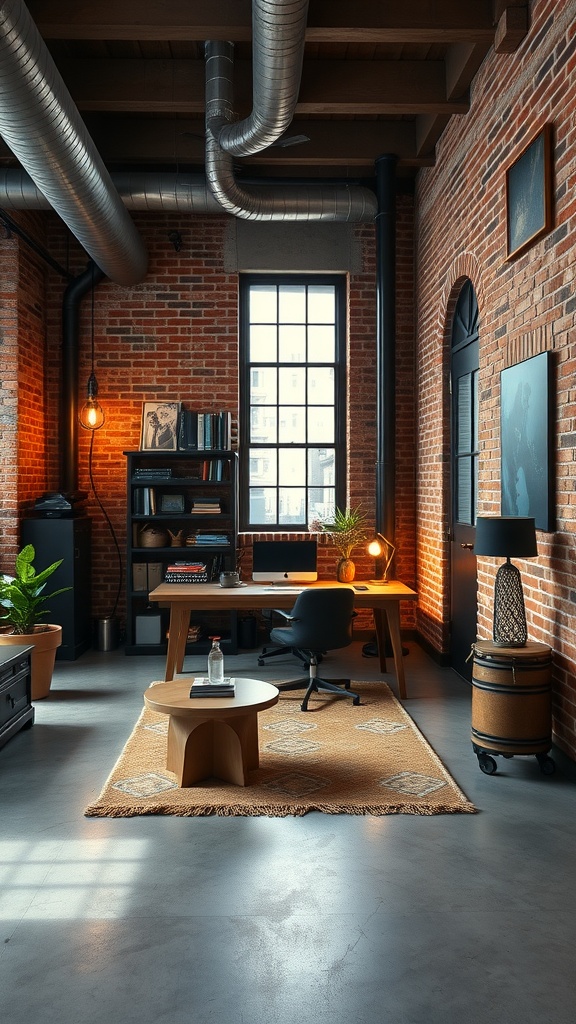 A stylish industrial chic loft office with exposed brick walls, modern furnishings, and large windows.