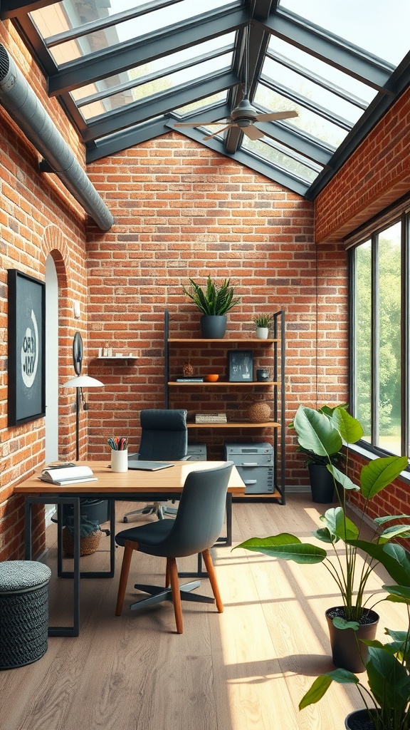 An industrial chic sunroom featuring exposed brick walls, a glass ceiling, a wooden desk, and indoor plants.