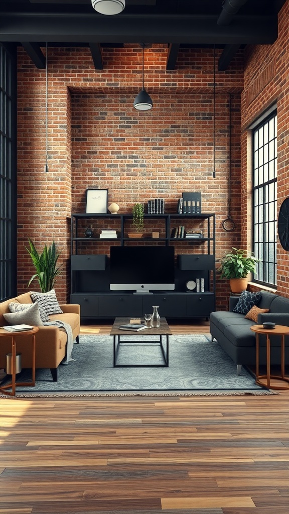Industrial chic living room featuring exposed brick walls, modern furniture, and a cozy atmosphere.