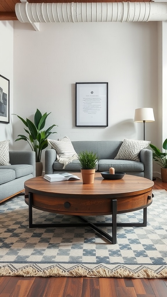 A stylish round wooden coffee table with a metal base, surrounded by grey sofas in a modern living room.