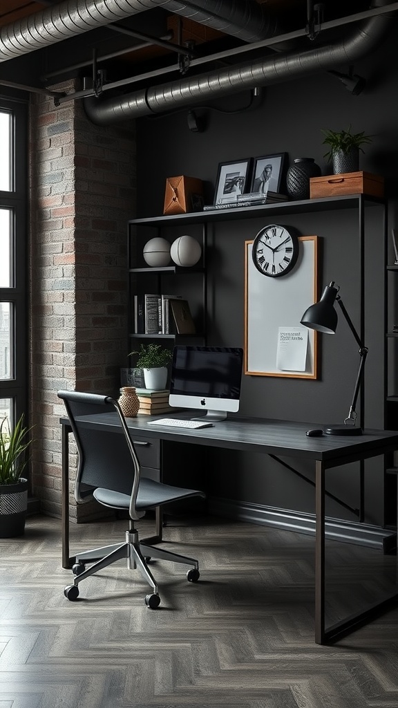 Industrial home office with metal accents, dark wall, and modern decor.