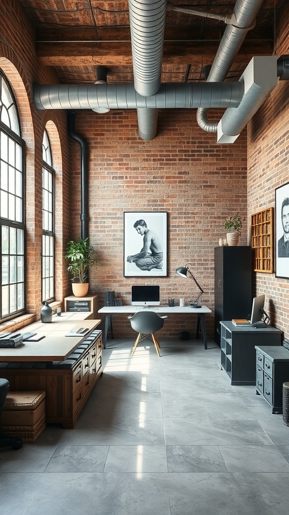 An industrial chic workspace featuring exposed brick walls, wooden desks, and sleek black chairs.