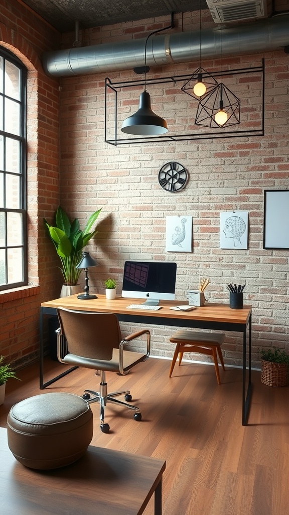 An industrial chic workspace featuring exposed brick walls, a sleek desk, and modern decor.