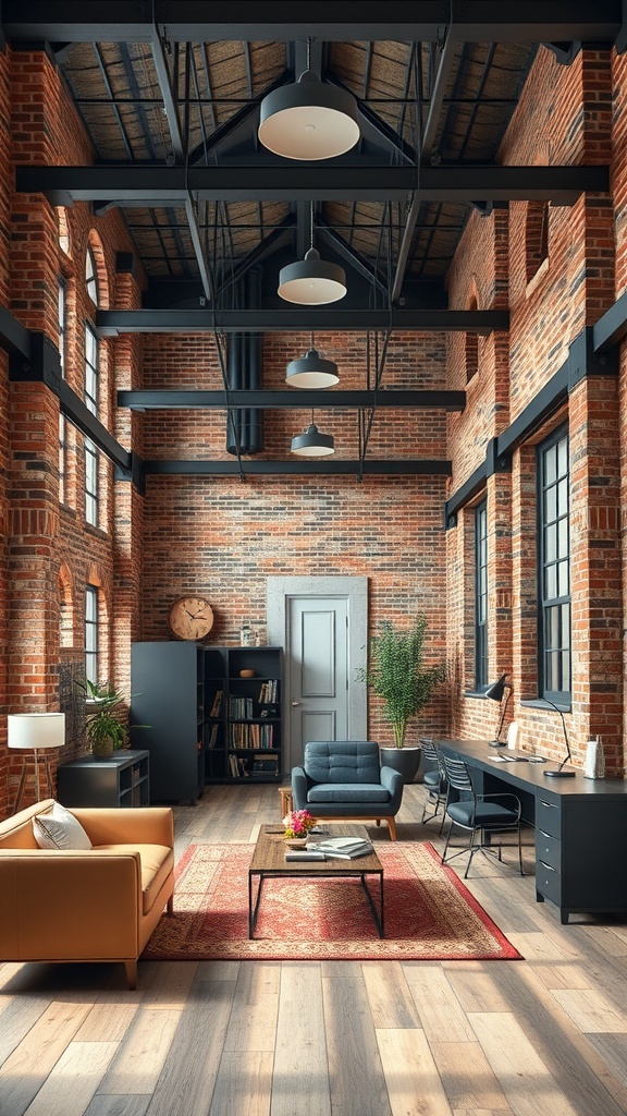 An industrial loft office featuring exposed brick walls, a large desk, and ample natural light.