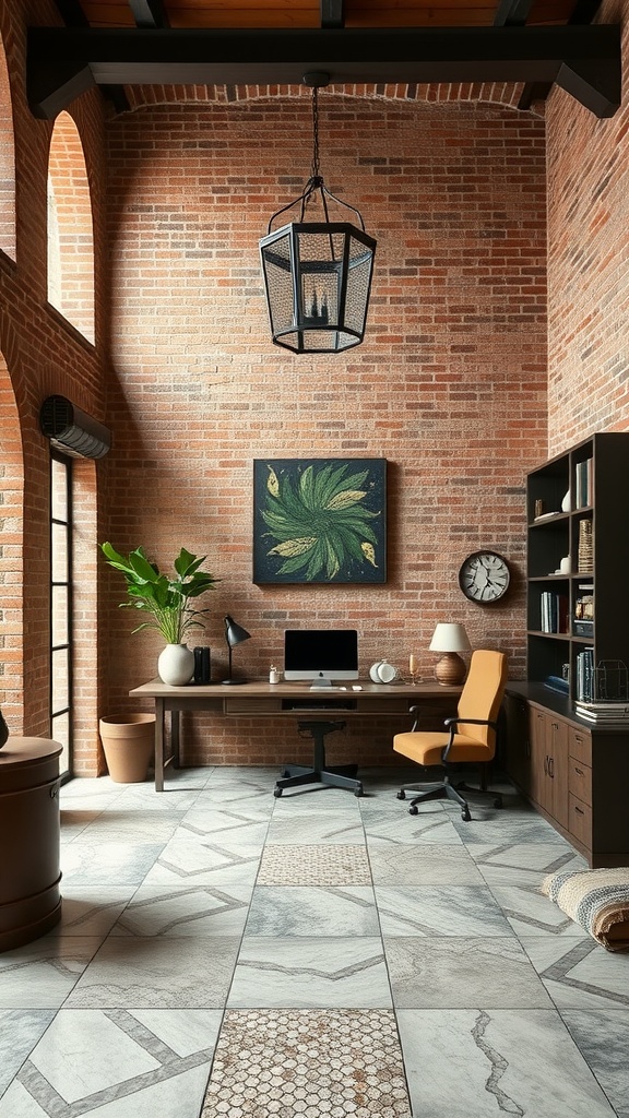 A stylish home office featuring exposed brick walls, large windows, and industrial lighting, showcasing a blend of modern Spanish style and Mediterranean architecture.