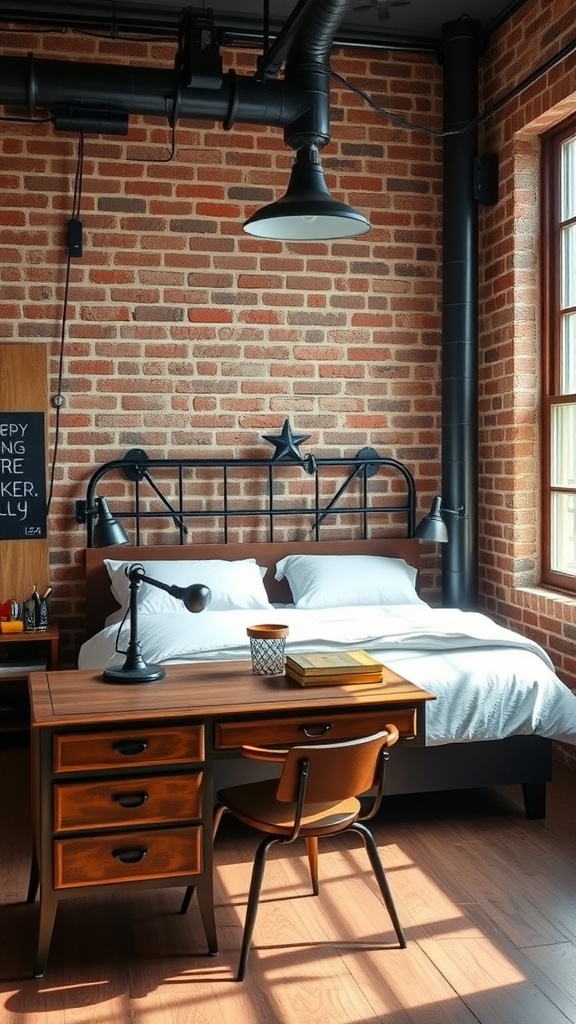 An industrial style bedroom office with exposed brick walls, a minimalist bed, and a wooden desk.
