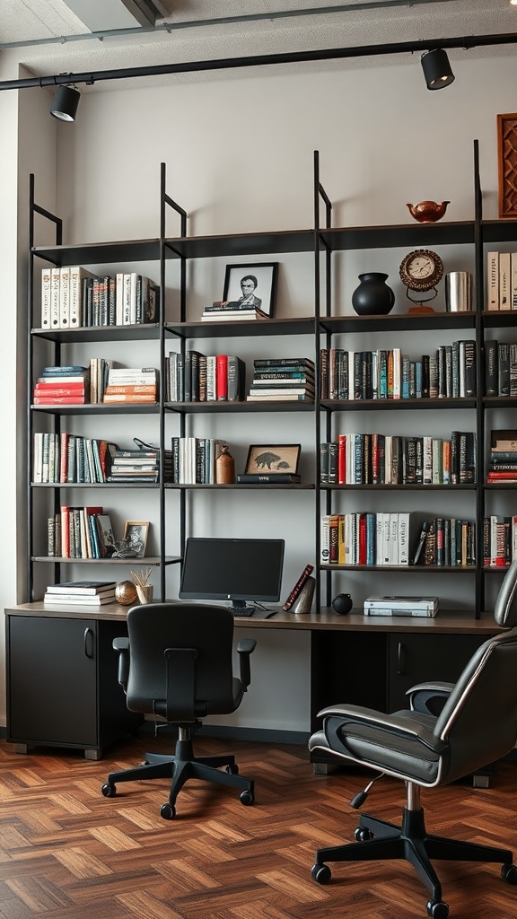 Industrial style bookshelves in a modern office setup