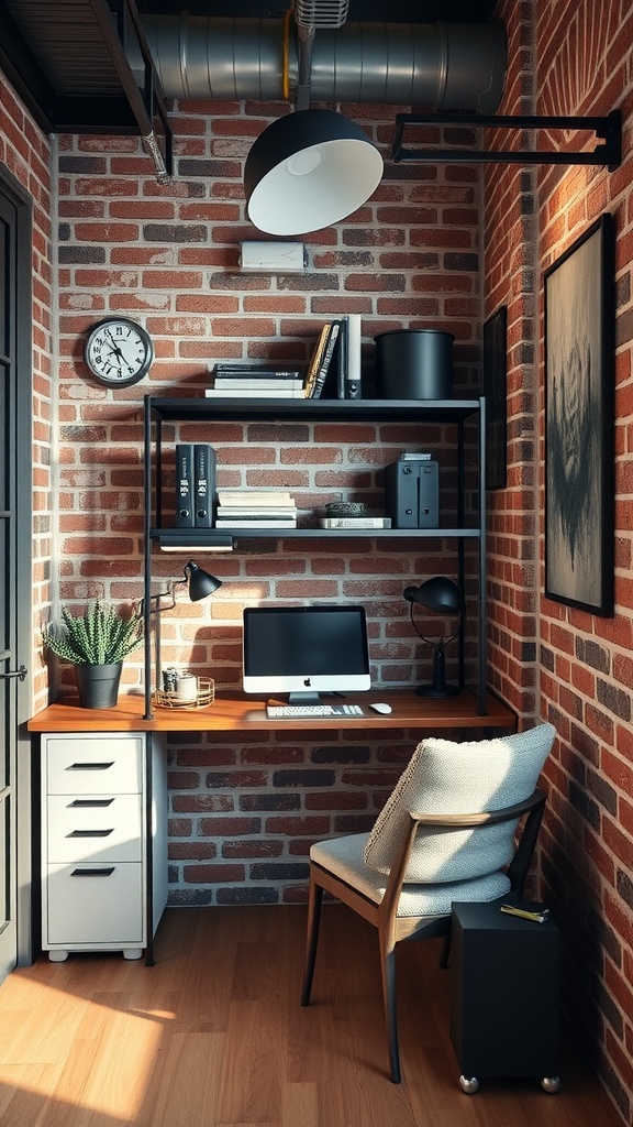 Industrial style home office corner with exposed brick walls, a wooden desk, and modern decor.