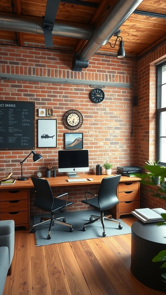 A modern industrial home office featuring an exposed brick wall, wooden desk, and stylish decor