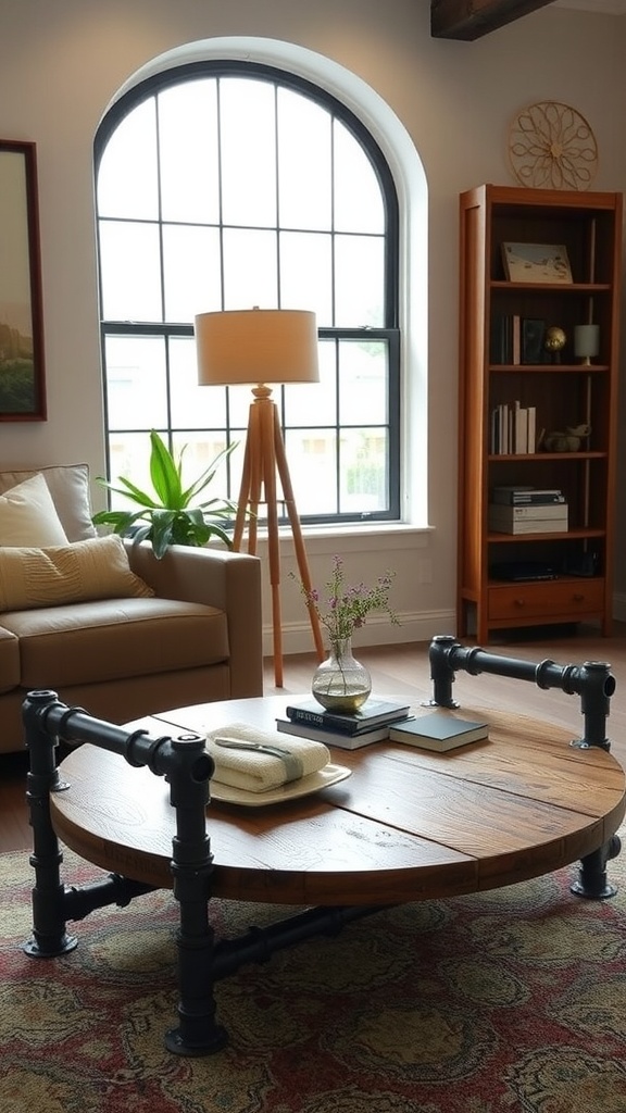 A round coffee table featuring a wooden top supported by black pipe legs, set in a cozy living room.