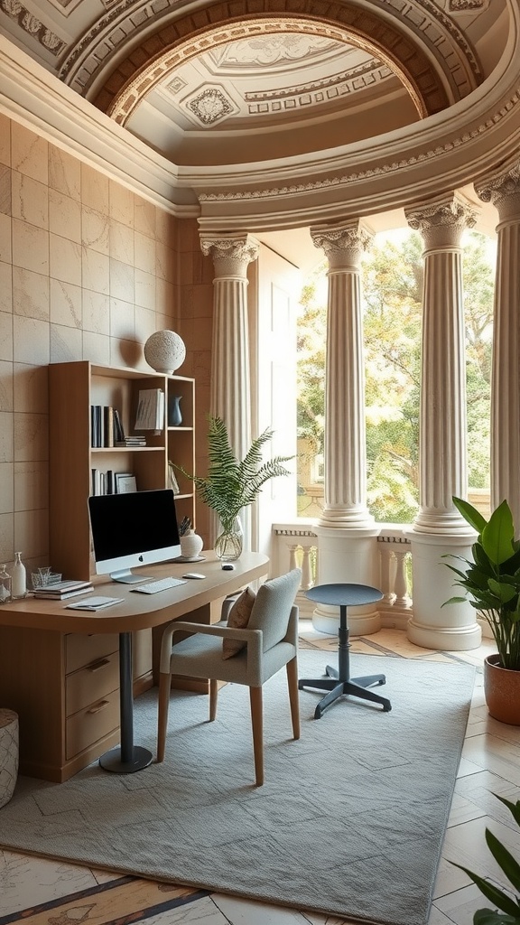 A cozy home office with wooden shelving, statues, and a modern computer setup, reflecting Roman architecture.